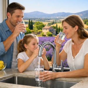 Famille qui boit de l'eau pure